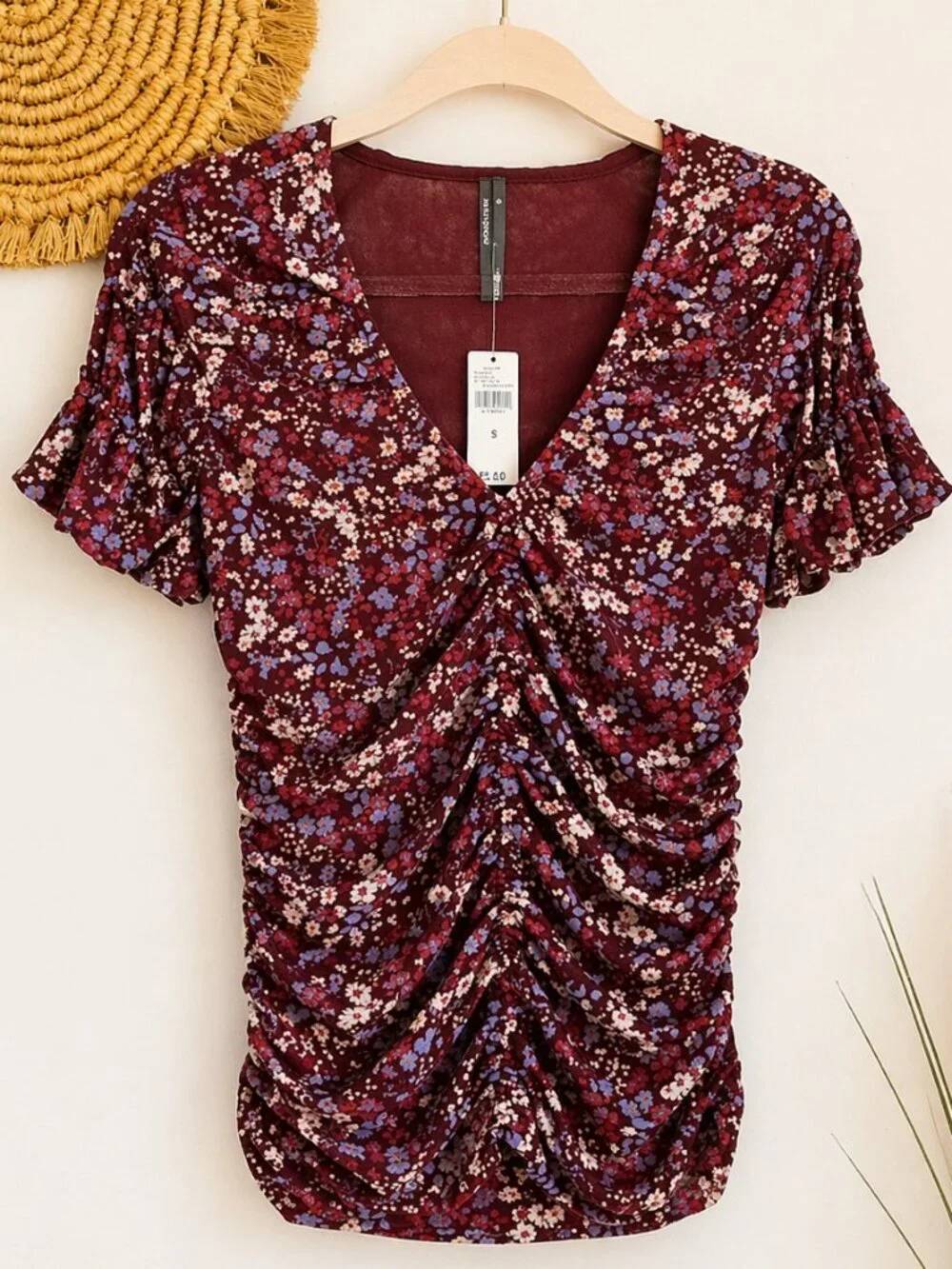 Anthropologie NEW Aurelia Ruched Shirred Red Ditsy Floral Mesh Top SZ Medium Y2K